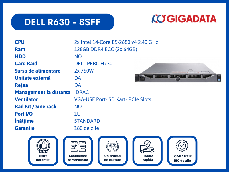 Server Dell PowerEdge R630, 8SFF, 2x Xeon E5-2680 v4, 128GB DDR4 ECC, H730 RAID, 2x PSU - 1