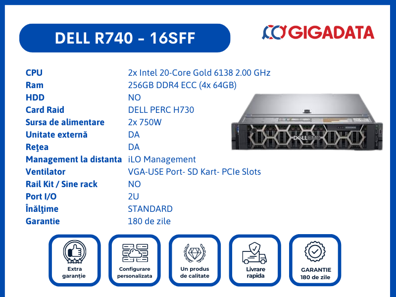 Server Dell PowerEdge R740, 16SFF, 2x Gold 6138 , 256GB DDR4 ECC, H730 RAID, 2x PSU - 1