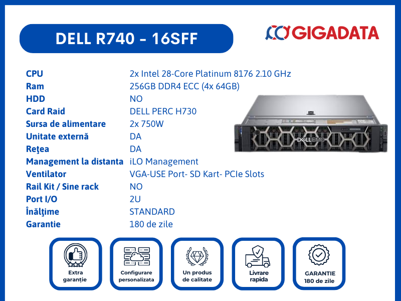 Server Dell PowerEdge R740, 16SFF, 2x Platinum 8176, 256GB DDR4 ECC, H730 RAID, 2x PSU - 1