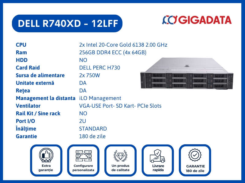 Server Dell PowerEdge R740XD, 12LFF, 2x Gold 6138, 256GB DDR4 ECC, H730 RAID, 2x PSU - 1