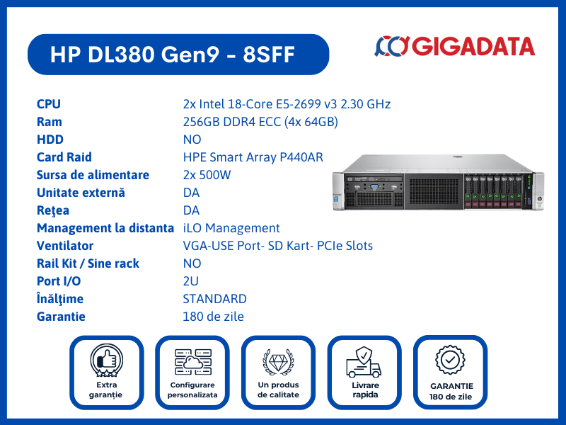 Server HP ProLiant DL380 Gen9, 8SFF, 2x Xeon E5-2699 v3, 256GB DDR4 ECC, P440AR RAID, 2x PSU - 1