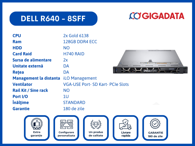 Server Dell PowerEdge R640, 8SFF, 2x Gold 6138, 128GB DDR4 ECC, H740 RAID, 2x PSU - 1