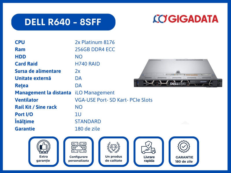 Server Dell PowerEdge R640, 8SFF, 2x Platinum 8176, 256GB DDR4 ECC, H740 RAID, 2x PSU - 1